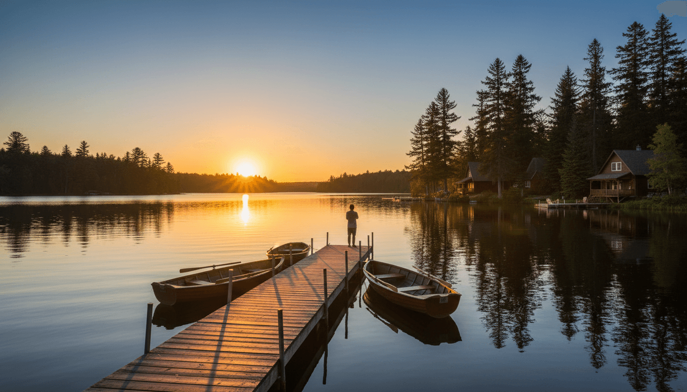 Aerial view of lakefront properties with docks along a calm lake in Muskoka, Ontario
